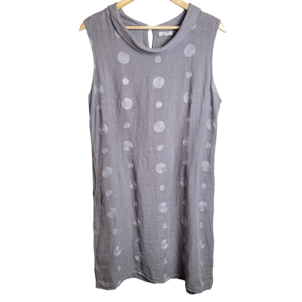 Lina Tomei 100% Linen Lagenlook Embroidered Dress Gray Made in Italy Size Large